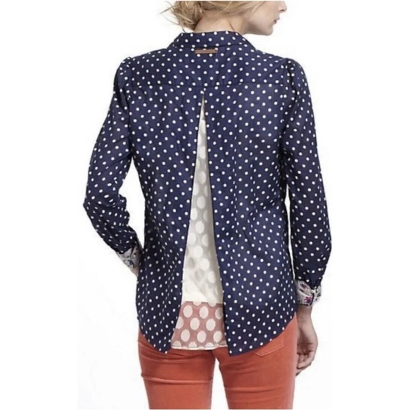 Birds of Paradis Trovata polka dot navy lace back shirt Medium lightweight work - Picture 2 of 11